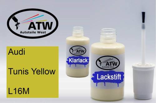 Audi, Tunis Yellow, L16M: 20ml Lackstift + 20ml Klarlack - Set, von ATW Autoteile West.